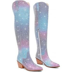 Ronilurn Womens Size 6.5 Rainbow Blue Pink Rhinestone Over the Knee Cowboy Boots